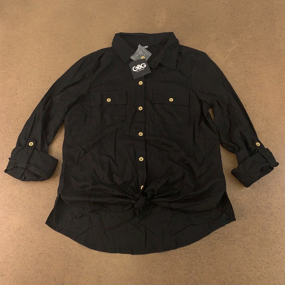 GBG Women's Size Small Black Button Front Roll Tab Sleeve Jazmin Tie Top NWT